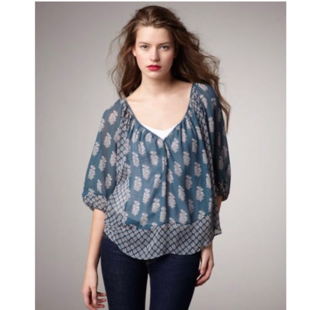Joie Corbelle Seaweed Print Silk Sheer Blouse